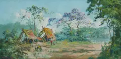 S. Soejono, Rural Scene with Huts, Oil on Canvas