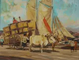 Sujatno Koempoel, Loaded Ox Cart in Port, 1950, Oil on Canvas