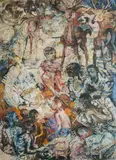 Donald Friend, Bali, Gamelan with Deer Effigies, Ink & Mixed Media on Paper (in 4 joined parts)