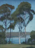 Elioth Gruner, Tall Gums by the River, 1925, Oil on Ply