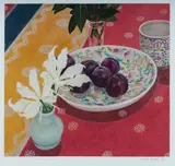 Cressida Campbell, Plums with Indian Cloth, 2004, This limited edition issued by the National Gallery of Australia in 2022, hand signed by the artist in pencil lower right. Blind stamp for NGA, and accompanied by certificate of authenticity
