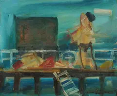 Figures on Jetty by Francis Lymburner, Oil on Canvas, sold Oct 2025