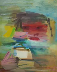 Sam Fullbrook, Figure with Pot, 1980, Accompanied by photograph of the artist with the painting in background (attached verso)