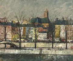 Buildings Across the Seine by George Lawrence, 1953, Oil on Canvas on Board, sold Oct 2025