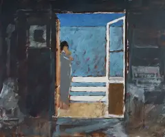 Lawrence Daws, Mother and Baby on Balcony, Oil (?) on Canvas Paper