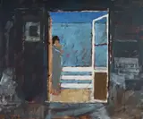 Lawrence Daws, Mother and Baby on Balcony, Oil (?) on Canvas Paper