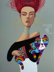 Constantine Popov, Woman with Cat, Acrylic on Canvas
