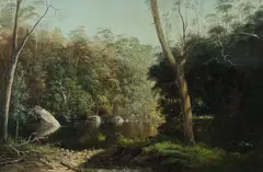 River Through Bush Setting by Louis Frank, 1884, Oil on Canvas on Board, offered Oct 2025