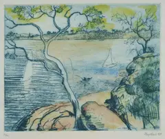 Northwood Point with Tree by Lloyd Rees, 1978, Hand Coloured Etching 39/40, sold Oct 2025