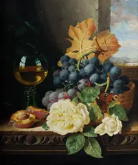 Edward Ladell, Still Life with Grapes, Roses and Peaches, Oil on Canvas