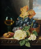 Edward Ladell, Still Life with Grapes, Roses and Peaches, Oil on Canvas