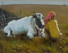 Girl with Bullock by Mao Wen Biao, 1988, Oil on Canvas, sold Oct 2025