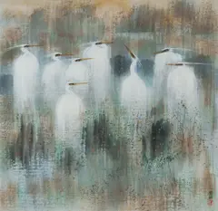 Jingqin Ren, Cranes, Ink & Colour on Paper