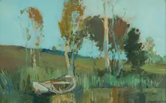 Sydney Long, Rowboat on Lake Narrabeen, Oil on Board