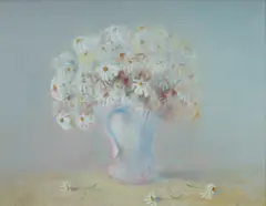Paul Ryan, Still Life with Daisies, Remnants of old label on backing board