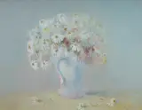 Paul Ryan, Still Life with Daisies, Remnants of old label on backing board