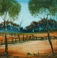 Stock Yard by Pro Hart, Oil on Board, sold Aug 2025