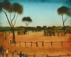 Pro Hart, Bush [Race] Track, c.1960s, Oil on Board