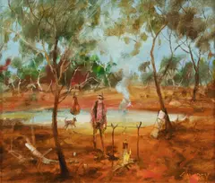 Hugh Sawrey, Swagman by a Billabong, Oil on Canvas