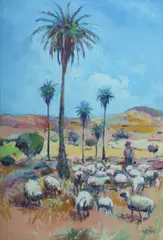 Piers Bateman, Shepherd and Palm Trees, Spain, 1985, Oil on Canvas on Board