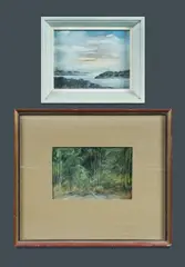 Thelma Clune, (2), Tropical Ferns after Dobell, gouache (9.5x14.5cm); and Sydney Harbour, 1980, inscribed verso, oil on board (11x14.5cm)