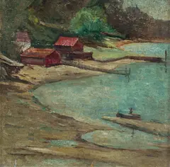 George Lawrence, Boat Sheds, Woodford Bay, Longueville, 1941, Oil on Board