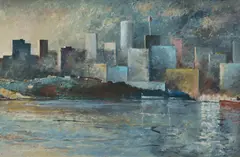 Bruce Lawrence, Sydney Harbour and Cityscape, 1986, Oil on Board