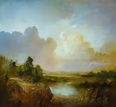 Carl Stringfellow, Picnic by the Dam, Oil on Board