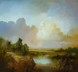 Carl Stringfellow, Picnic by the Dam, Oil on Board