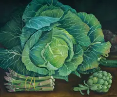 Charlotte Thodey, Still Life with Cabbage, Asparagus and Artichoke, Oil on Canvas