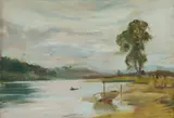 J. Noel Kilgour, River Landscape with Rowboat and Figures, Oil on Board
