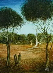 Tree Stump in Bush Setting by Pro Hart, Oil on Board, sold Jul 2025