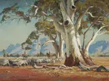 Robert Lovett, Sheep and Gums, Wilpena, SA, Oil on Board