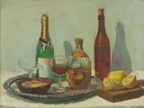 Joshua Smith, Still Life with Champagne and Brandy, Oil on Board