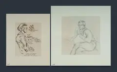 (2) by Joshua Smith, 'Mother and Notes,' c.1940s, pen & ink (23.5x18cm); and 'Engrossed,' c.1990, pencil (27x26.5cm), unsigned but with title, sold Jul 2025