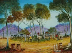Pro Hart, Horse Yards, 1996, Oil on Board