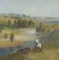 Robert Hagan, Stockman with Cattle on Riverbank, Oil on Canvas