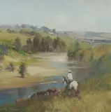 Robert Hagan, Stockman with Cattle on Riverbank, Oil on Canvas