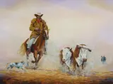 Bob Russell, Stockman on Horseback Herding Cattle, Acrylic on Canvas Board