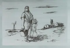 Caretaker and His Daughter, Whipple Creek Bore by Russell Drysdale, c.1980, Etching on Sterling Silver Plate 828/1000, sold Jul 2025
