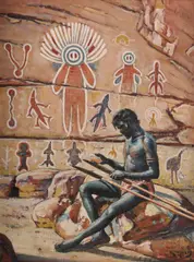 Vlase Zanalis, Robert Tudawali (1929-1967) with South-East Kimberleys Rock Face Designs, Inscription, label and newspaper cutting verso