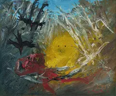 Arthur Boyd, Nebuchadnezzar Running in a Forest with Lion and Black Birds, c.1972, Oil on Board