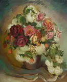 Adelaide Elizabeth Perry, Roses and Snowballs, 1944, Oil on Canvas on Board