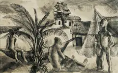 Fishing Village, Ceylon by Donald Friend, Ink & Wash, sold May 2025