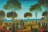 Pro Hart, Saturday at the Races, Oil on Board