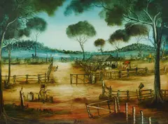 Pro Hart, The Blade Shearers, 1978, Oil on Board
