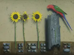 Graeme Townsend, Sunflowers and Parrot, 1979, Acrylic on Canvas
