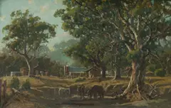 Robert Eagar Taylor-Ghee, Settler's Home with Grazing Horses, Oil on Canvas