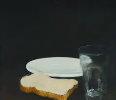 plate, glass, slice of bread by Rene Bolton, 2011, Oil on Canvas on Board, sold May 2025