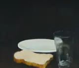 Rene Bolton, plate, glass, slice of bread, 2011, Oil on Canvas on Board